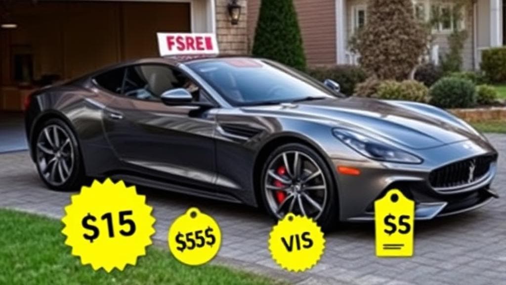 A sleek car parked in a driveway with a "For Sale" sign, surrounded by price tags and valuation symbols.