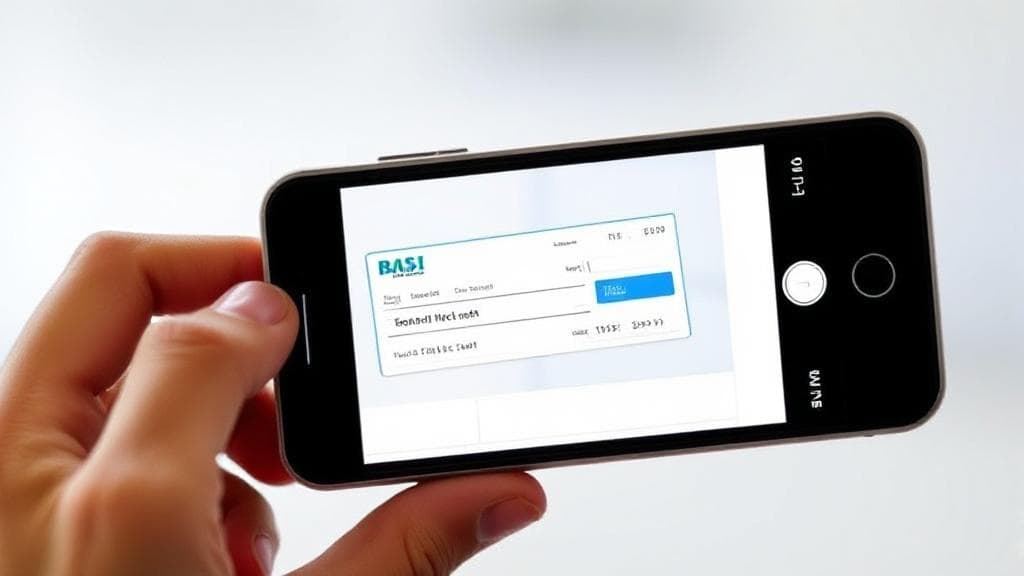 A smartphone capturing an image of a check with a banking app interface visible on the screen.