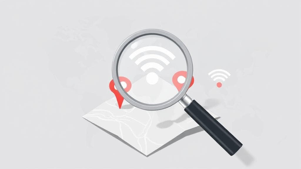 A digital illustration of a magnifying glass hovering over a map with Wi-Fi symbols, representing the search for internet service providers at a specific location.