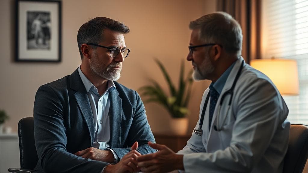 A thoughtful man consults with a compassionate doctor in a warmly lit office, symbolizing guidance and trust in seeking erectile dysfunction treatment.
