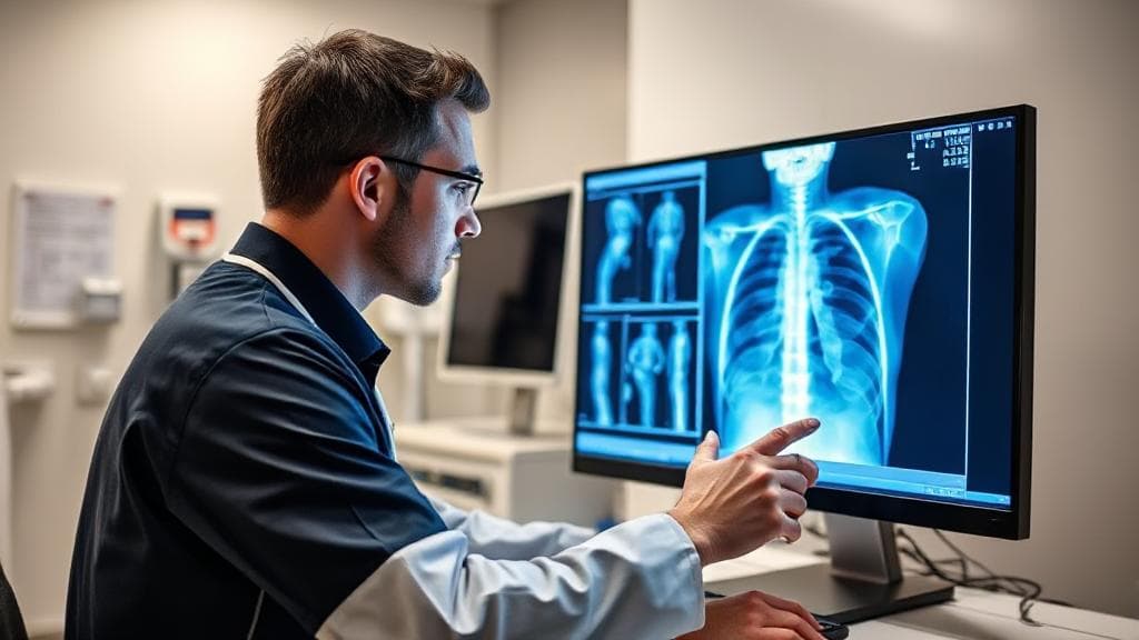 A professional radiology technician analyzing X-ray images on a computer screen in a modern medical facility.