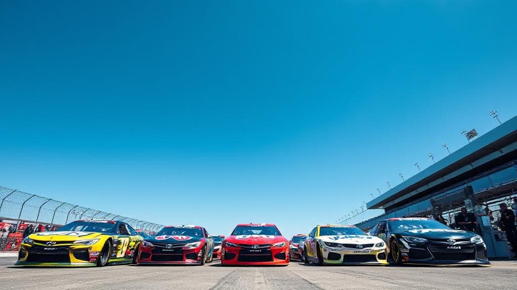 A dynamic image of NASCAR race cars lined up at the starting grid under a clear blue sky, ready to speed off as the race begins.