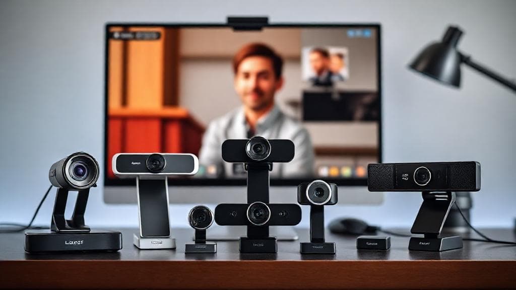 A sleek arrangement of the latest webcams from top brands displayed on a modern desk setup, with a vibrant video call in progress on a computer screen.