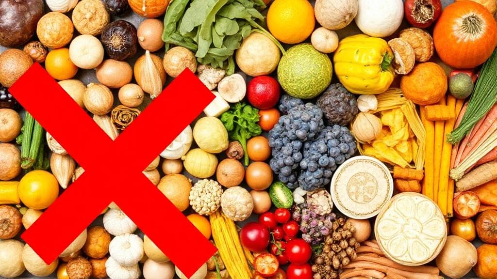 A colorful array of common foods, with a bold red cross overlaying items known to contain sulfa compounds.