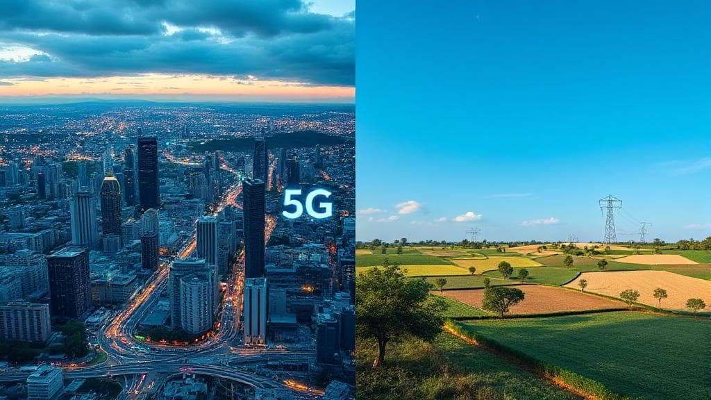 A dynamic split-screen image contrasting a bustling cityscape with 5G connectivity on one side and a serene rural landscape with LTE coverage on the other.