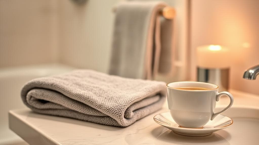 A serene bathroom scene with soft lighting, featuring a neatly folded towel and a comforting cup of herbal tea on the counter, symbolizing post-colonoscopy care and relaxation.