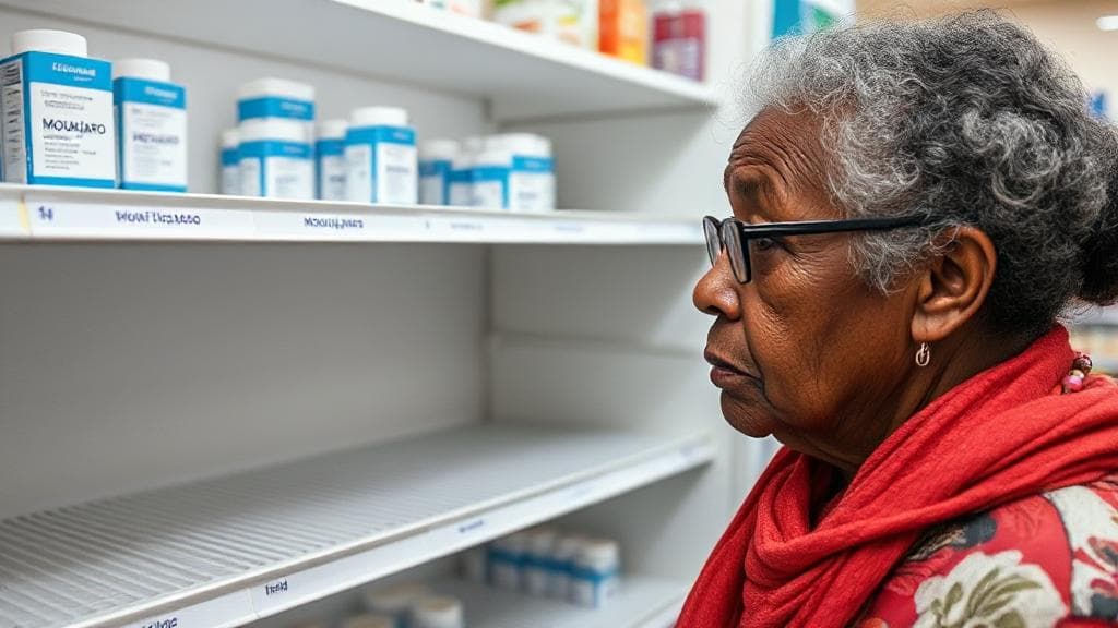 A concerned patient looks at an empty pharmacy shelf where Mounjaro medication is usually stocked, highlighting the ongoing shortage issue.