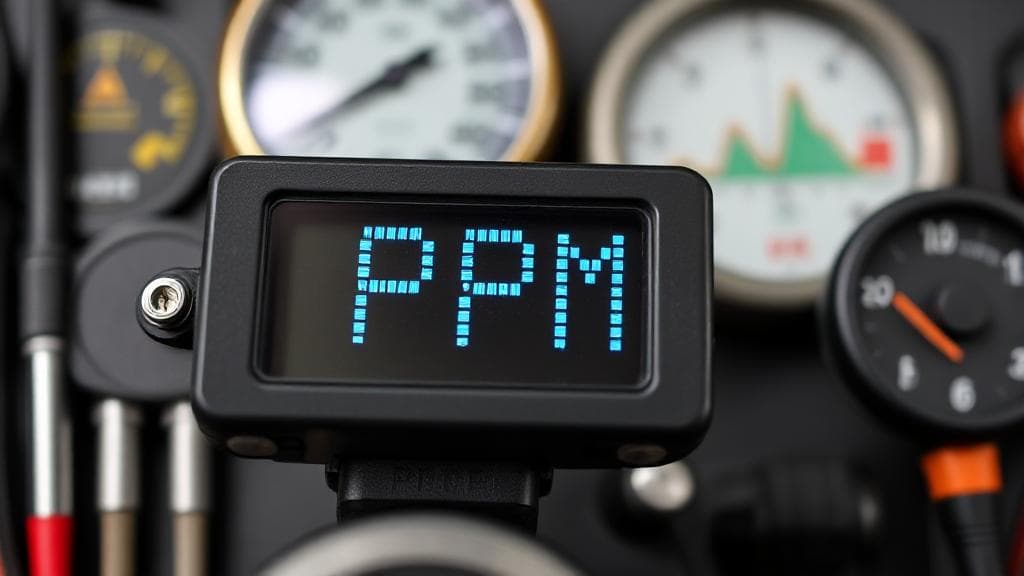 A close-up image of a digital display showing "PPM" with a background of various measuring instruments and graphs.