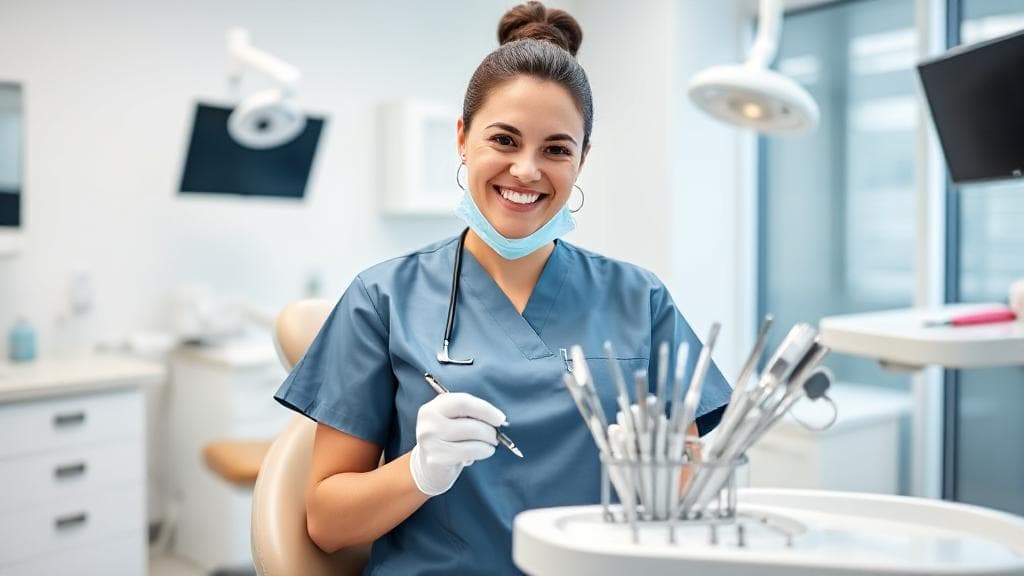 A smiling dental assistant in scrubs prepares dental instruments in a bright, modern dental office.