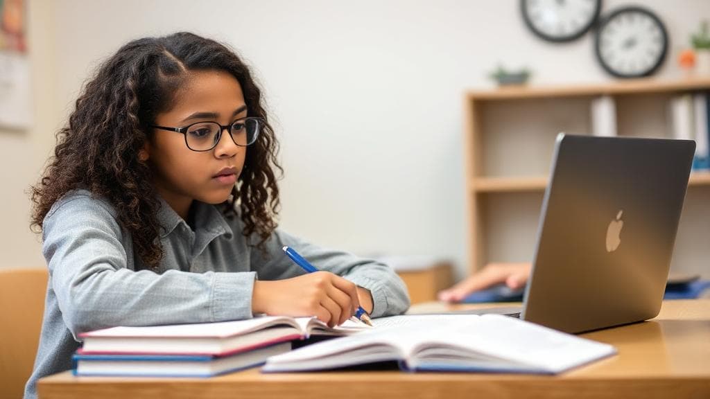 A focused student diligently working at a desk with books, a laptop, and a clock in the background.