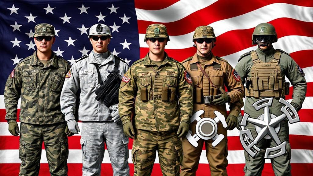 A dynamic collage showcasing the diverse uniforms and equipment of the Army, Navy, Air Force, Marine Corps, and Coast Guard against a backdrop of the American flag.