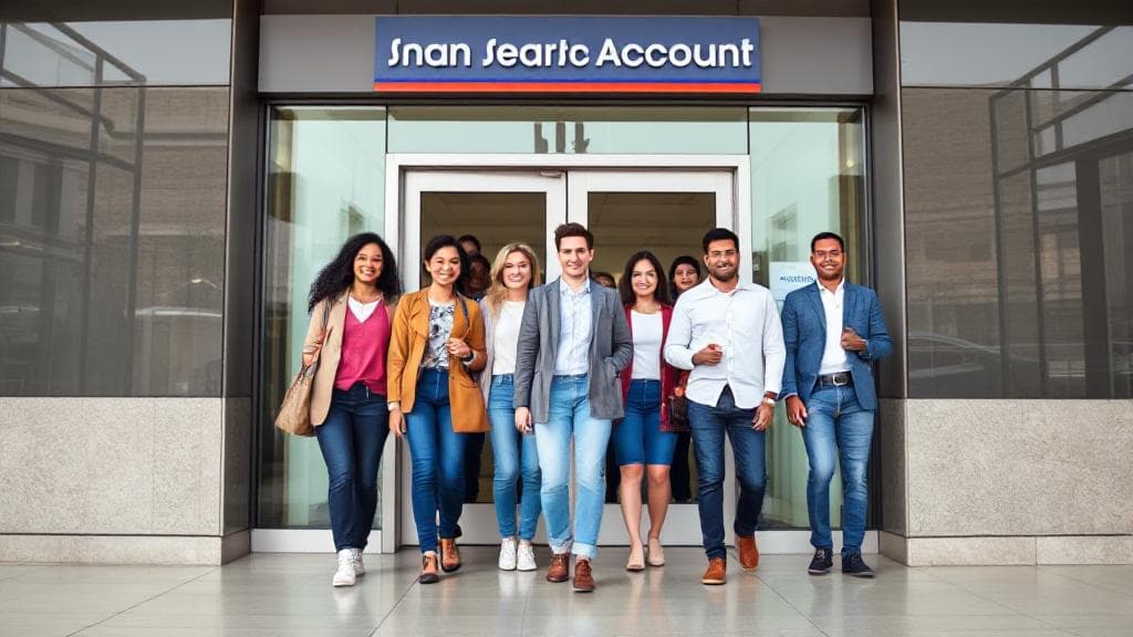 A diverse group of people happily entering a modern bank, symbolizing the ease and accessibility of opening a bank account.