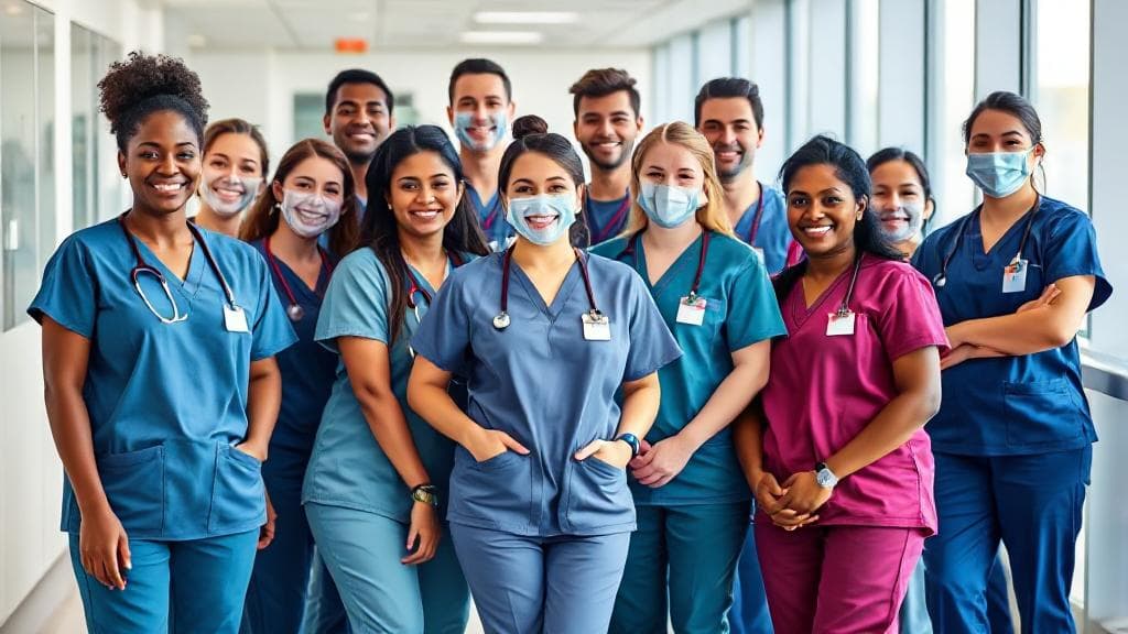 A diverse group of medical assistants in scrubs, smiling and working in a modern healthcare setting.