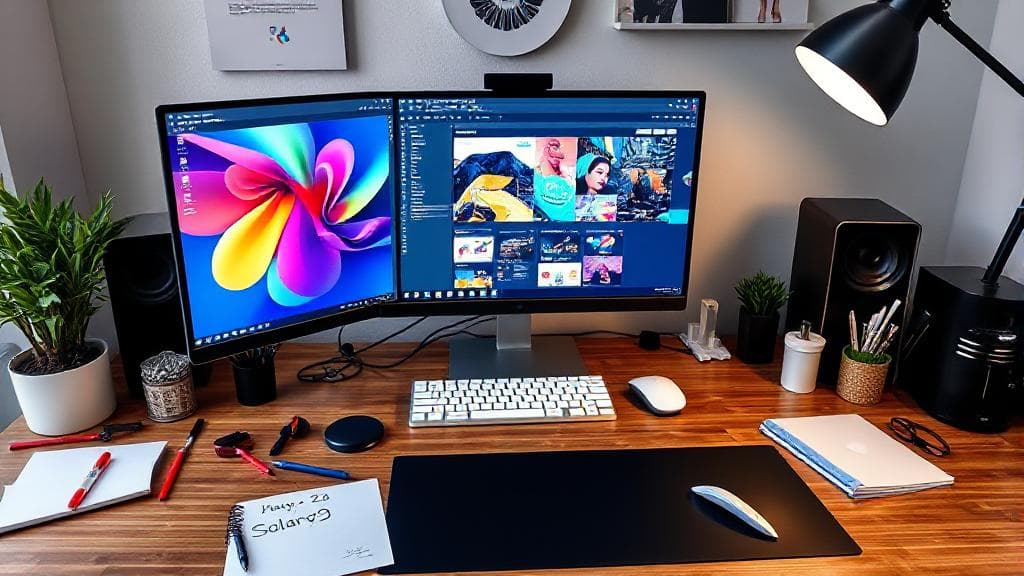 A modern workspace featuring a graphic designer's desk with a computer displaying vibrant design software, surrounded by creative tools and a notepad with salary figures.