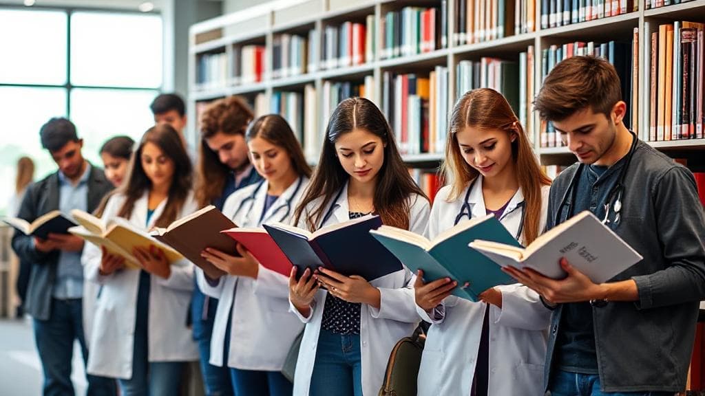 A diverse group of students in a library, each engrossed in medical textbooks, symbolizing the academic journey towards a career in anesthesiology.