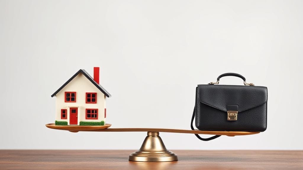A balanced scale with a house on one side and a business briefcase on the other, symbolizing the pros and cons of using a home address for business.