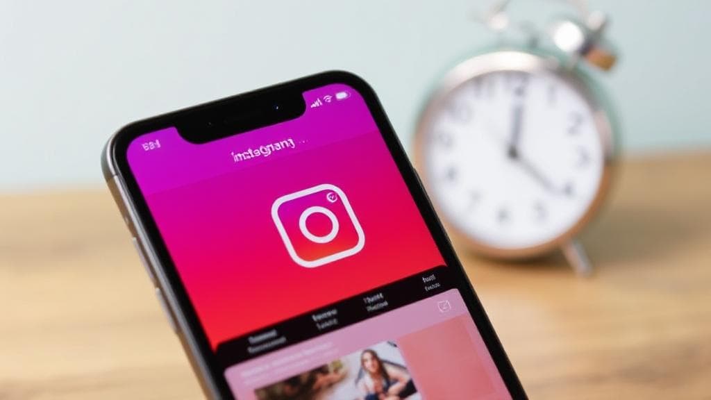A smartphone displaying the Instagram app with a calendar and clock in the background, symbolizing post scheduling.