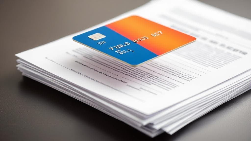 A credit card hovering over a stack of rental agreements, symbolizing the decision of paying rent with credit.