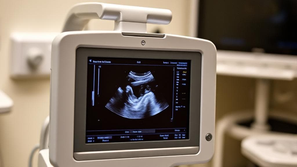 A modern ultrasound machine in a clinical setting, with a focus on the screen displaying a clear sonogram image.