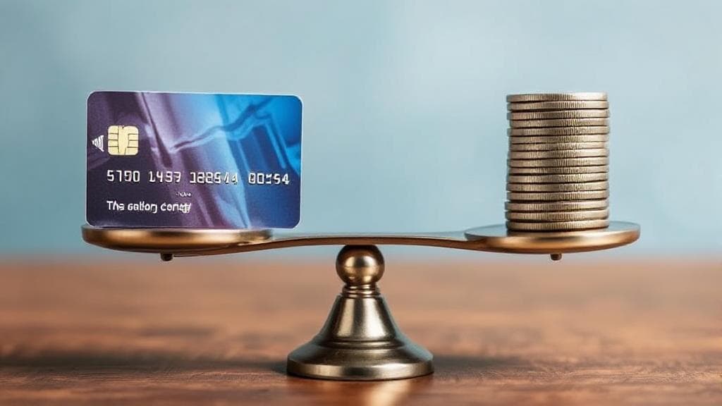 A balanced scale with a credit card on one side and a stack of coins on the other, symbolizing the pros and cons of increasing your credit limit.