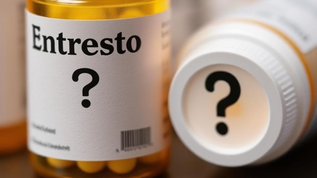 A close-up image of a pill bottle labeled "Entresto" alongside a generic pill bottle with a question mark on it.