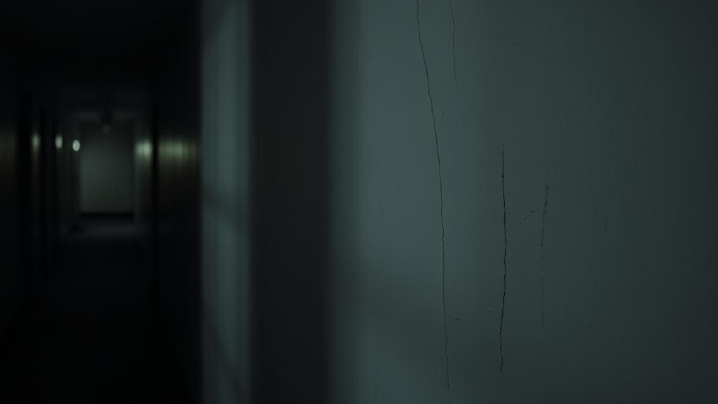 A dimly lit hallway with a close-up of a wall, highlighting subtle scratch marks and casting eerie shadows.