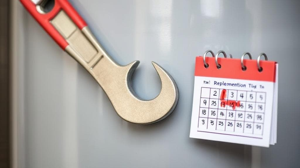 A close-up image of a water heater with a wrench and a calendar marked for replacement, symbolizing timely maintenance.