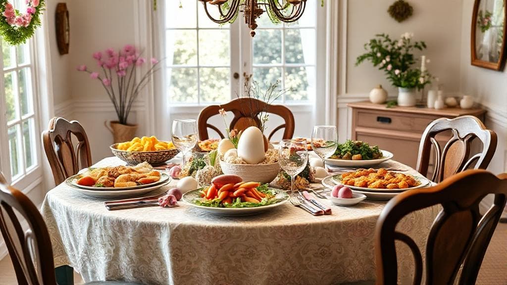 A vibrant image of a beautifully set dining table with Easter-themed decorations, featuring a variety of delicious dishes and a welcoming ambiance.