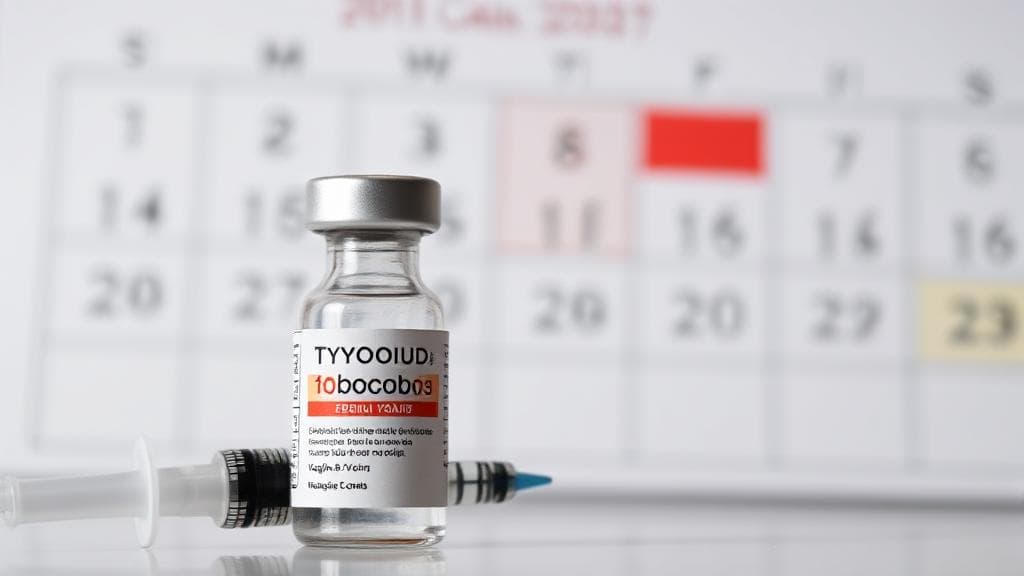 A close-up image of a syringe and vaccine vial against a backdrop of a calendar, symbolizing the timeline of typhoid vaccine effectiveness.