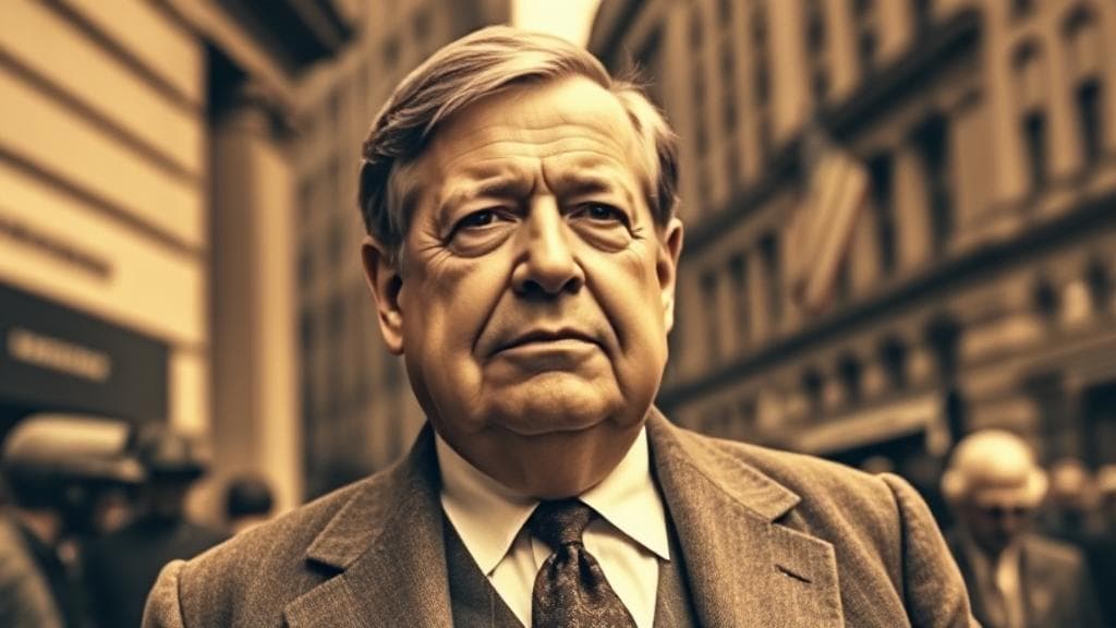 A sepia-toned portrait of J.P. Morgan, exuding authority and influence, set against a backdrop of early 20th-century Wall Street.