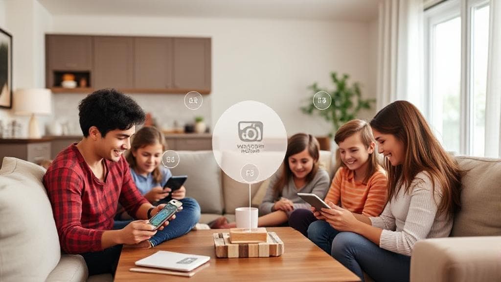 A modern home setting with a family using various devices connected to Verizon Home Internet, showcasing seamless connectivity and technology integration.