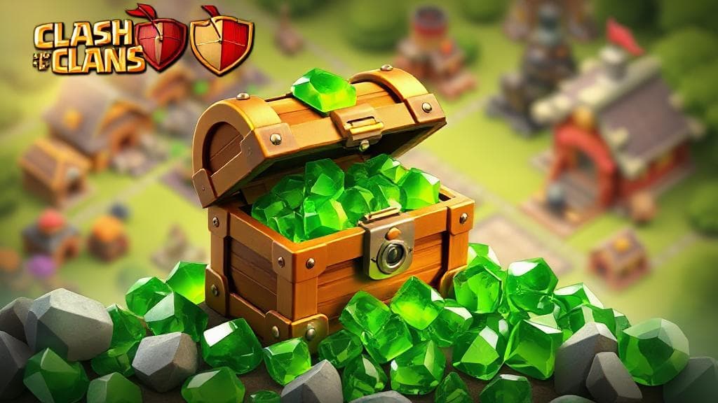 A vibrant header image featuring a treasure chest overflowing with green gems, set against the colorful Clash of Clans village backdrop.