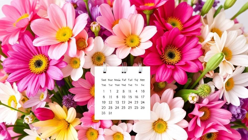A vibrant bouquet of spring flowers with a calendar marked on the second Sunday of May.