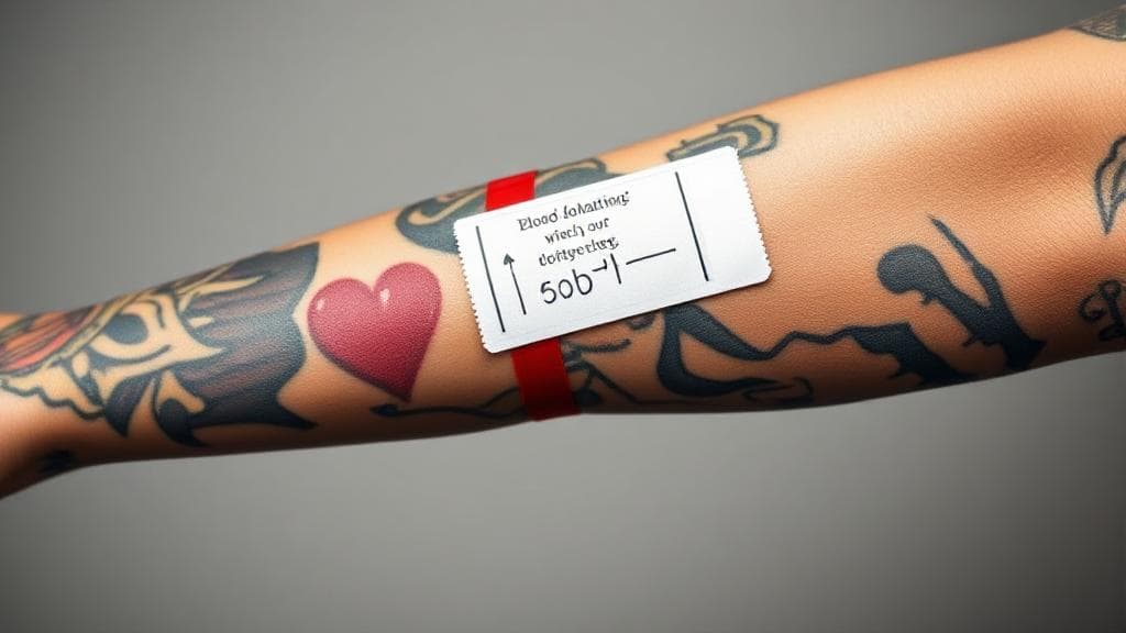 A vibrant image of a tattooed arm with a blood donation bandage, symbolizing the intersection of body art and altruism.