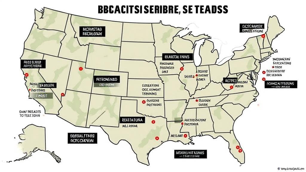 A map highlighting the various locations of Army Basic Combat Training (BCT) sites across the United States.