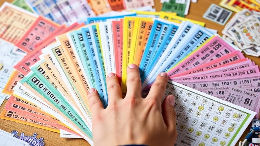 A colorful array of lottery tickets fanned out on a table, with a hand reaching to pick one.