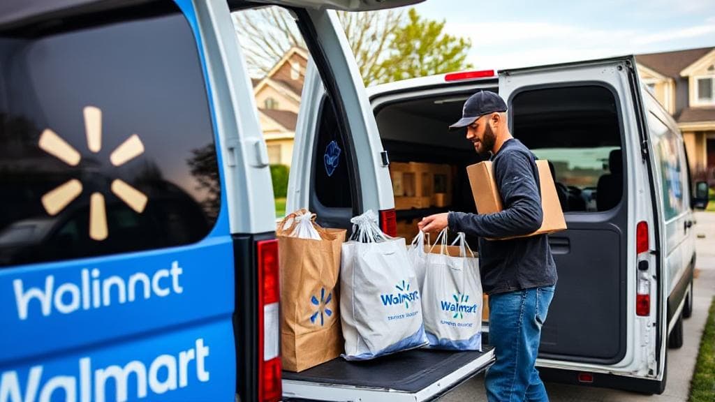 A delivery driver unloading Walmart grocery bags from a branded van in a suburban neighborhood.