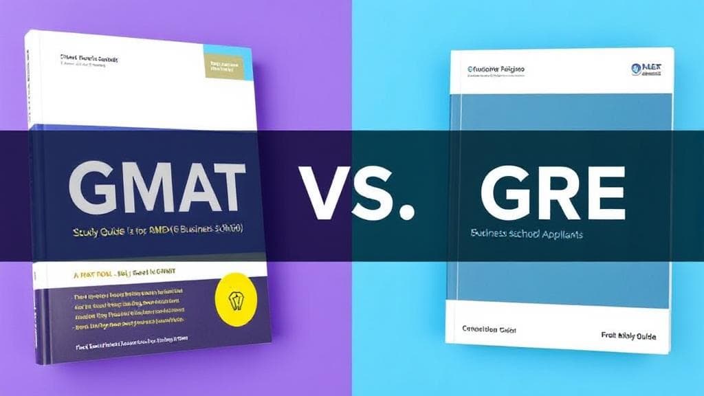 A split image featuring a GMAT study guide on one side and a GRE study guide on the other, symbolizing the decision between the two exams for business school applicants.