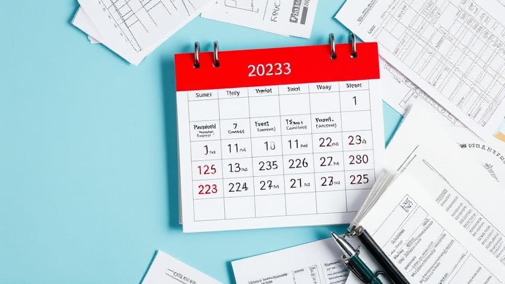 A calendar marked with important tax deadlines and financial documents scattered around, symbolizing the urgency of quarterly tax payments for individuals and businesses in 2023.