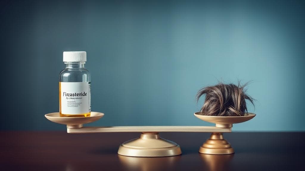 A balanced scale with a bottle of finasteride on one side and a clump of hair on the other, symbolizing the pros and cons of the medication for hair loss.