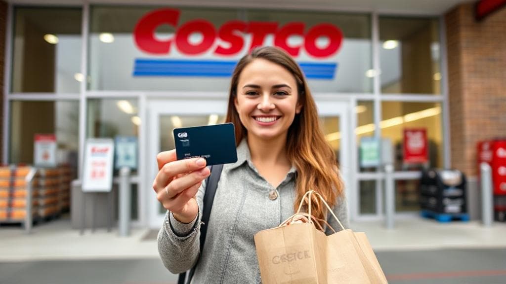 A shopper holding a Mastercard stands in front of a Costco store entrance.