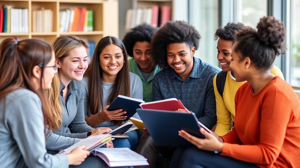 A diverse group of students engaged in a lively discussion, surrounded by books and laptops, symbolizing the journey through a master's degree program.
