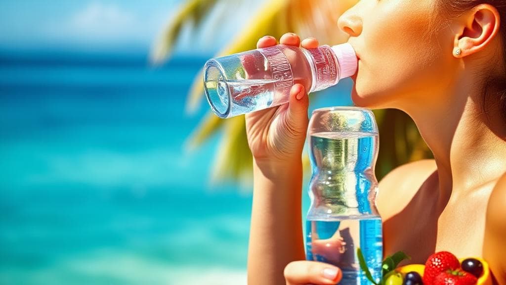A vibrant image of a person drinking water outdoors on a sunny day, surrounded by fresh fruits and a water bottle, symbolizing hydration and healthy living.