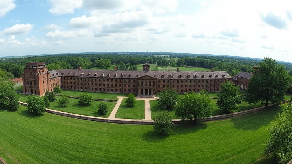 A panoramic view of the historic Ohio State Reformatory, capturing its imposing architecture and lush surrounding landscape, as featured in "The Shawshank Redemption."