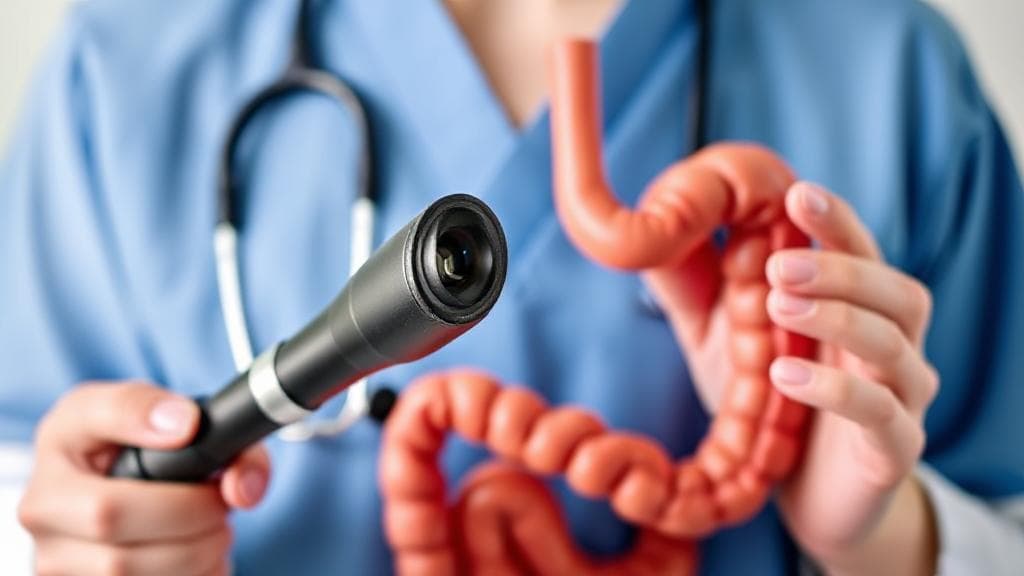 A medical professional holding a colonoscope, with a calendar in the background highlighting the recommended age for a colonoscopy.