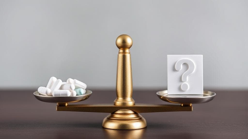 A balanced scale with metformin pills on one side and a question mark on the other, symbolizing the weighing of benefits and risks.