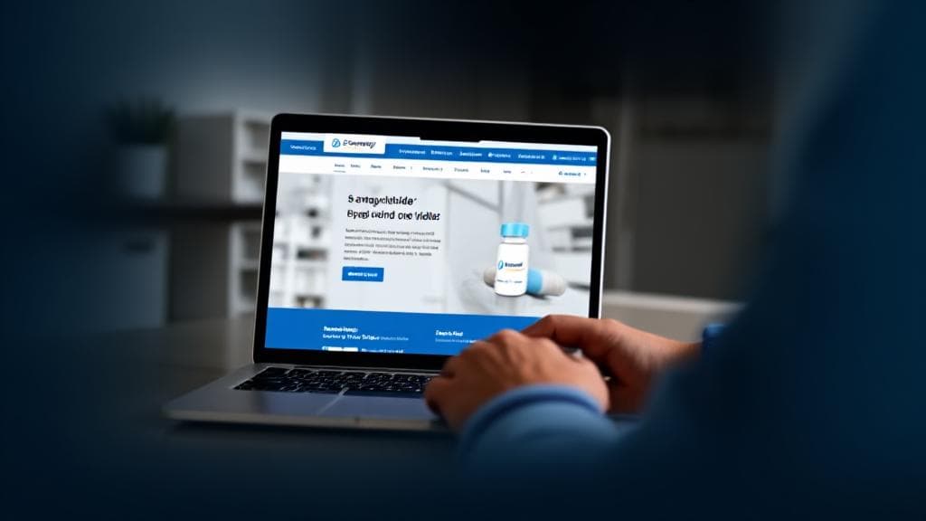 A header image depicting a person confidently browsing a secure online pharmacy website on a laptop, with a focus on semaglutide medication.