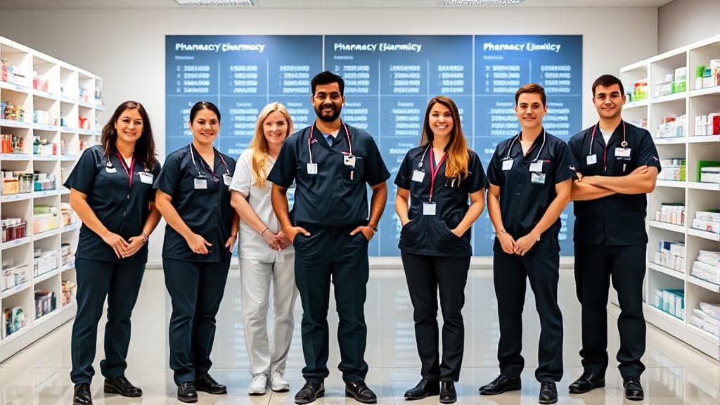 A diverse group of pharmacy technicians in uniform, standing in a modern pharmacy setting, with salary charts and graphs in the background.