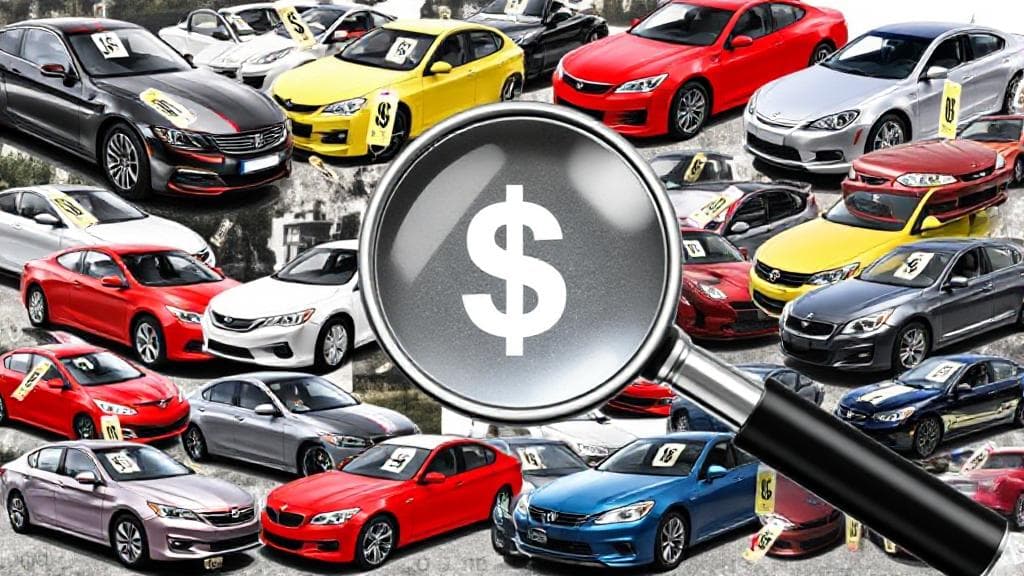 A collage of diverse cars with price tags, set against a backdrop of a magnifying glass and dollar signs.