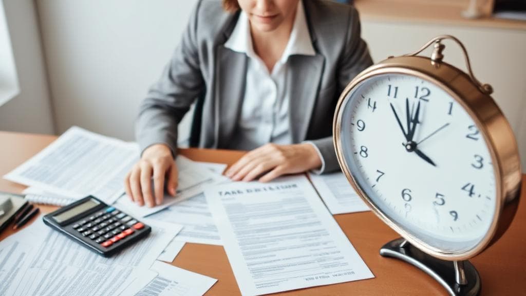 A person sitting at a desk surrounded by tax documents, a calculator, and a clock showing time passing.